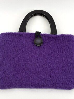 Handmade Felted Wool Purse Purple Artisan Knit Black Handles Vintage (U9)
